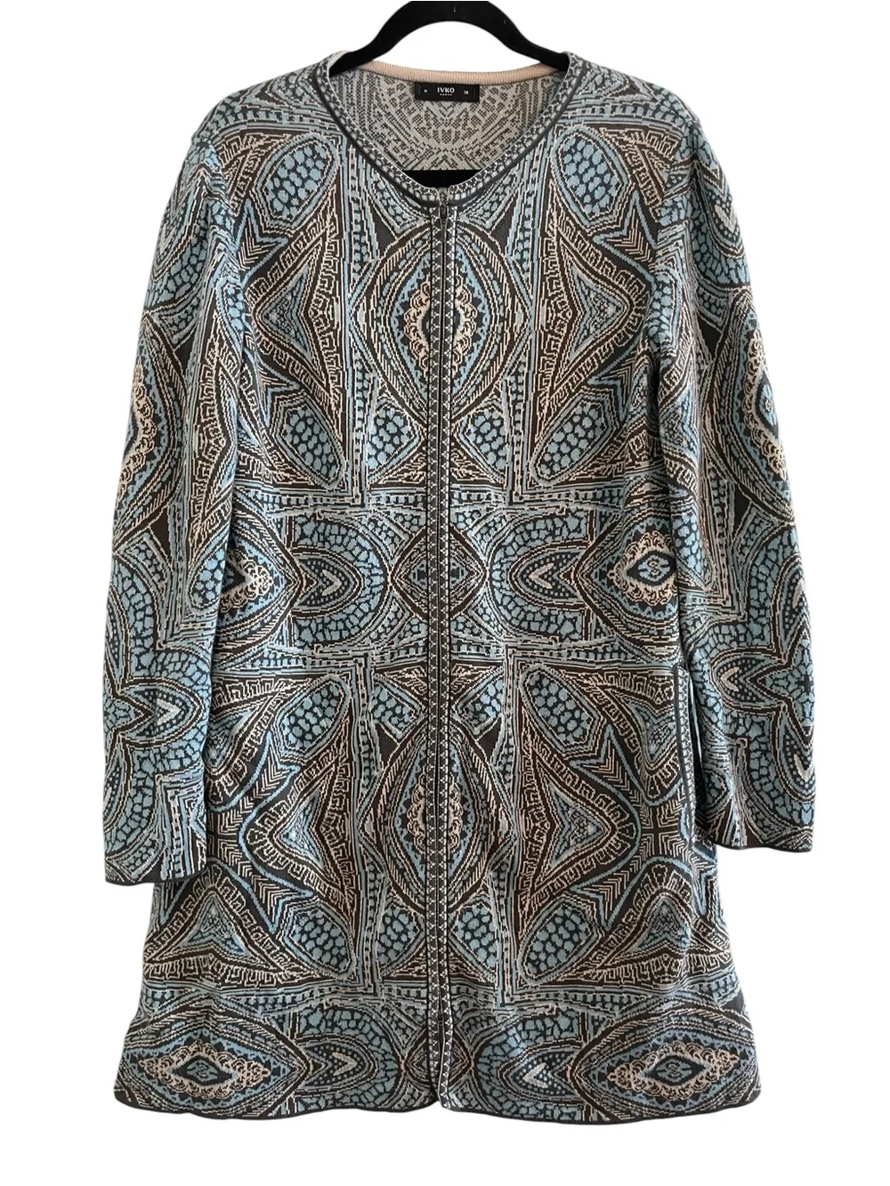IVKO Blue Cream Zip-Front Abstract Patterned Cotton Knit Sweater Jacket Size 38